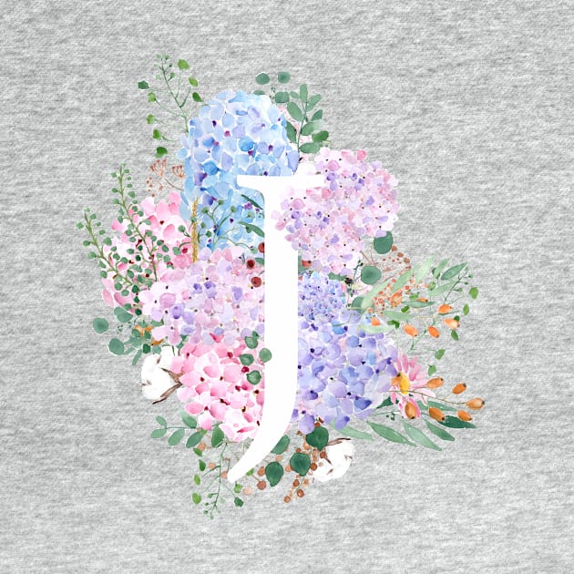 botanical monogram alphabet J hydrangea flowers by colorandcolor